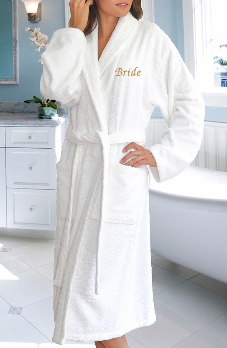 Linum Home Textiles Gold Embroidered 'Bride' Terry Bathrobe, Alternate, color, White