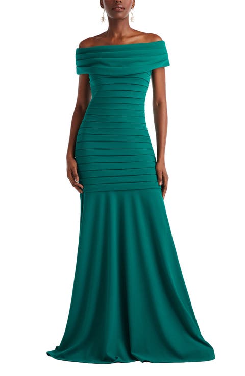 Pleated Off the Shoulder Mermaid Gown