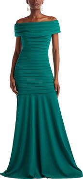Tadashi Shoji Pleated Off the Shoulder Mermaid Gown