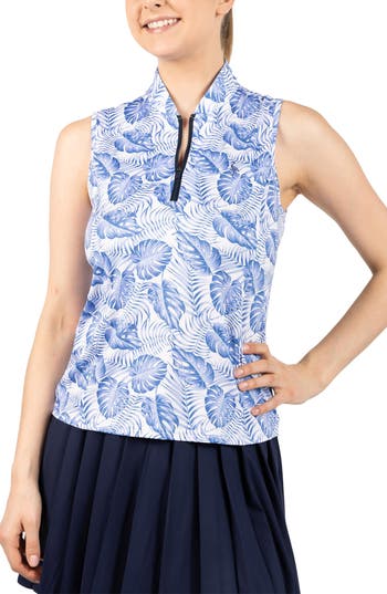 Tailorbyrd Leaves Print Sleeveless Quarter Zip Polo In Blue
