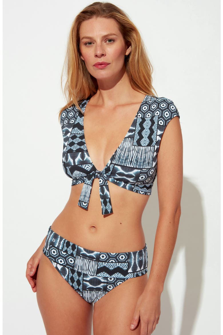 Island Time Tie Front Cap Sleeve Bikini Top, Alternate, color, NAVY