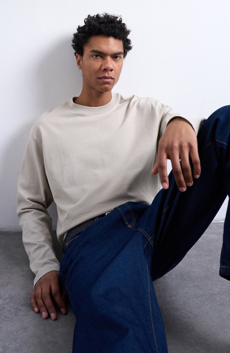 Topman Relaxed Fit Long Sleeve Cotton Rib T-Shirt, Alternate, color, Stone