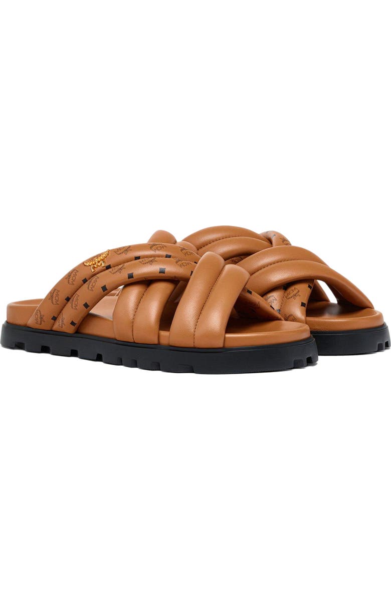 MCM Monogram Print Cross Sandals in Lamb Leather, Main, color, Cognac