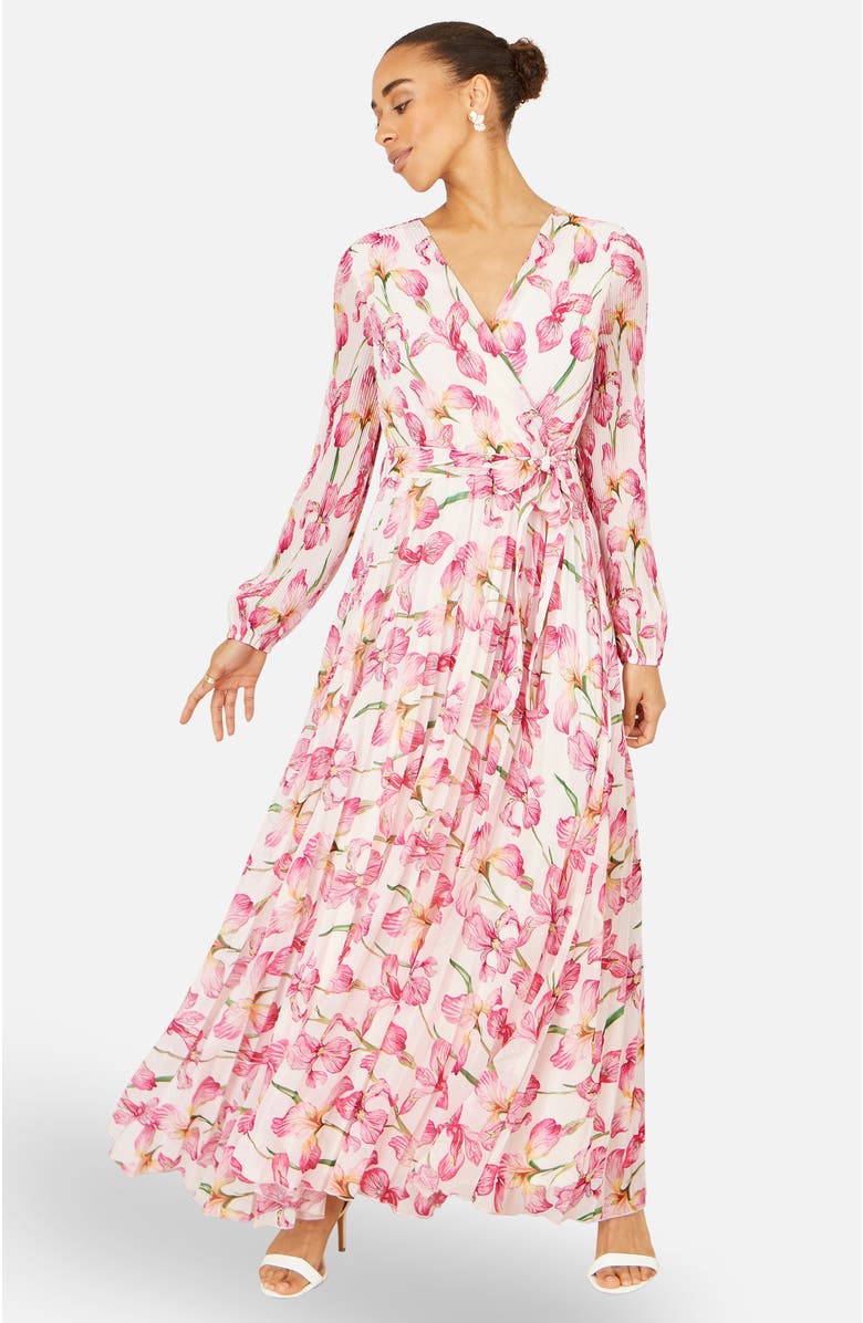 Yumi Orchid Floral Pleated Wrap Maxi Dress, Alternate, color, Ivory