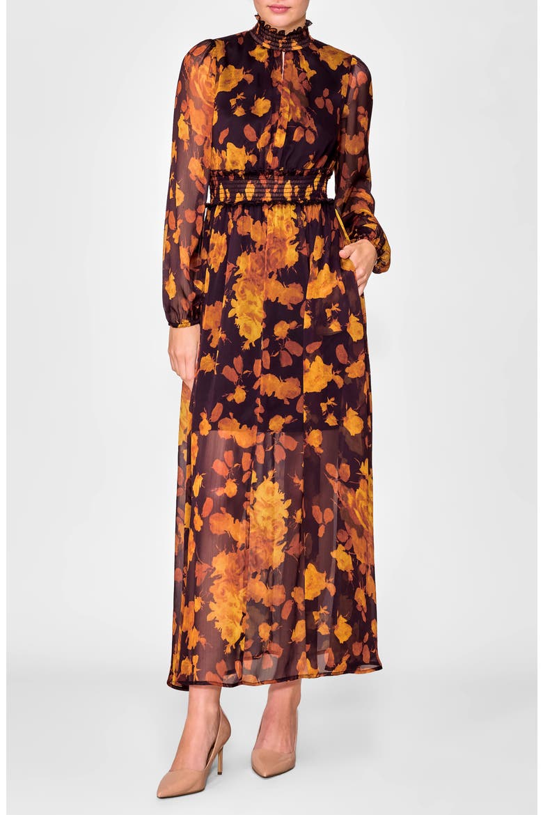 Floral Long Sleeve Chiffon Dress, Main, color, BURNT ORANGE FLORAL