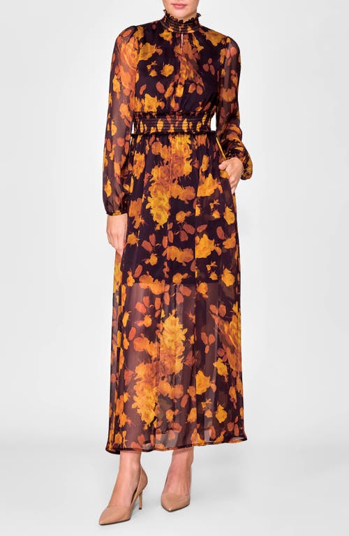 Melloday Floral Long Sleeve Chiffon Dress In Multi