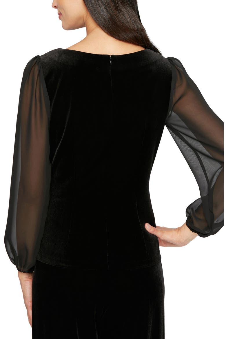Ruched Sheer Sleeve Velvet Top, Alternate, color, BLACK