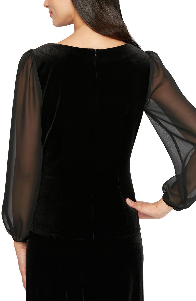 Alex Evenings Ruched Sheer Sleeve Velvet Top, Alternate, color, Black