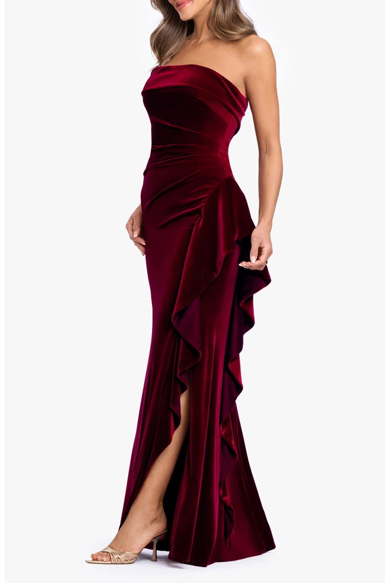 Strapless Ruffle Stretch Velvet Gown, Alternate, color, BURGUNDY