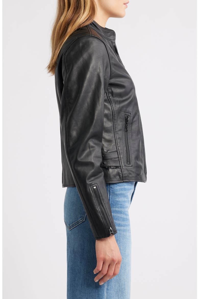 Cafe Racer Leather Jacket, Alternate, color, BLACK