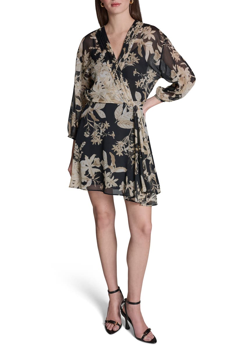 BCBG Floral Smocked Chiffon Minidress, Alternate, color, Black Multi