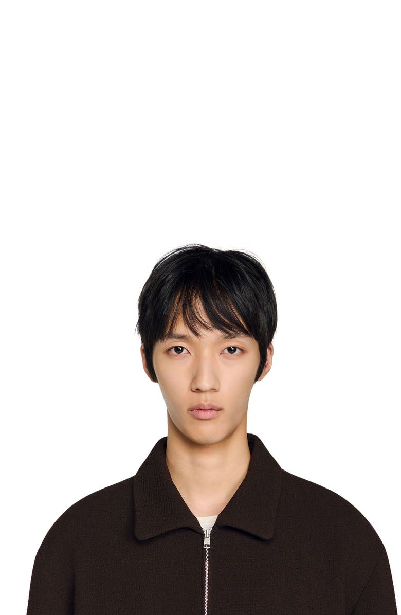 SANDRO Waffled regular collar zip jacket, Alternate, color, Chocolate