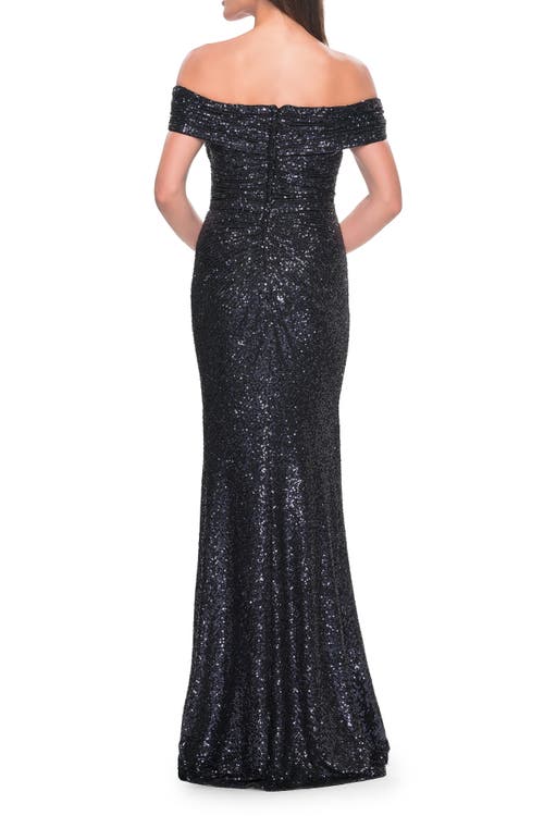 La Femme Off The Shoulder Sequin Gown With Ruching In Navy