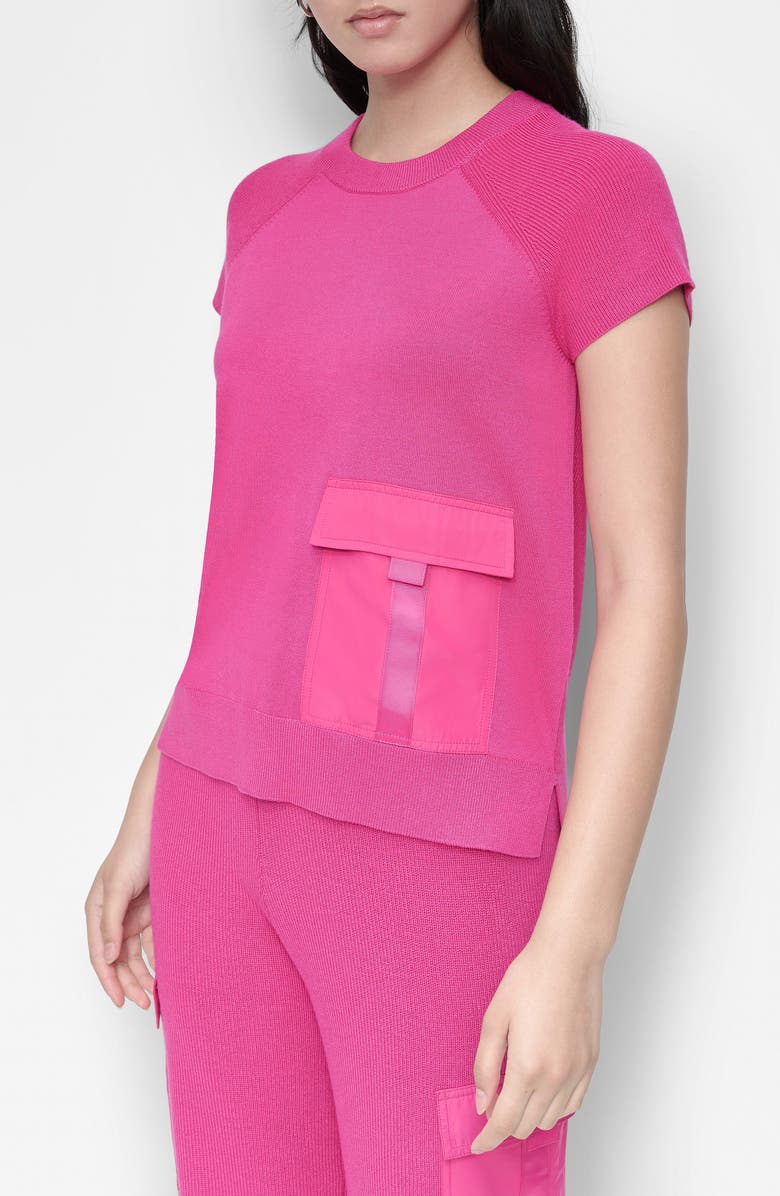 DKNY Satin Pocket Short Sleeve Sweater, Main, color, Wild Berry