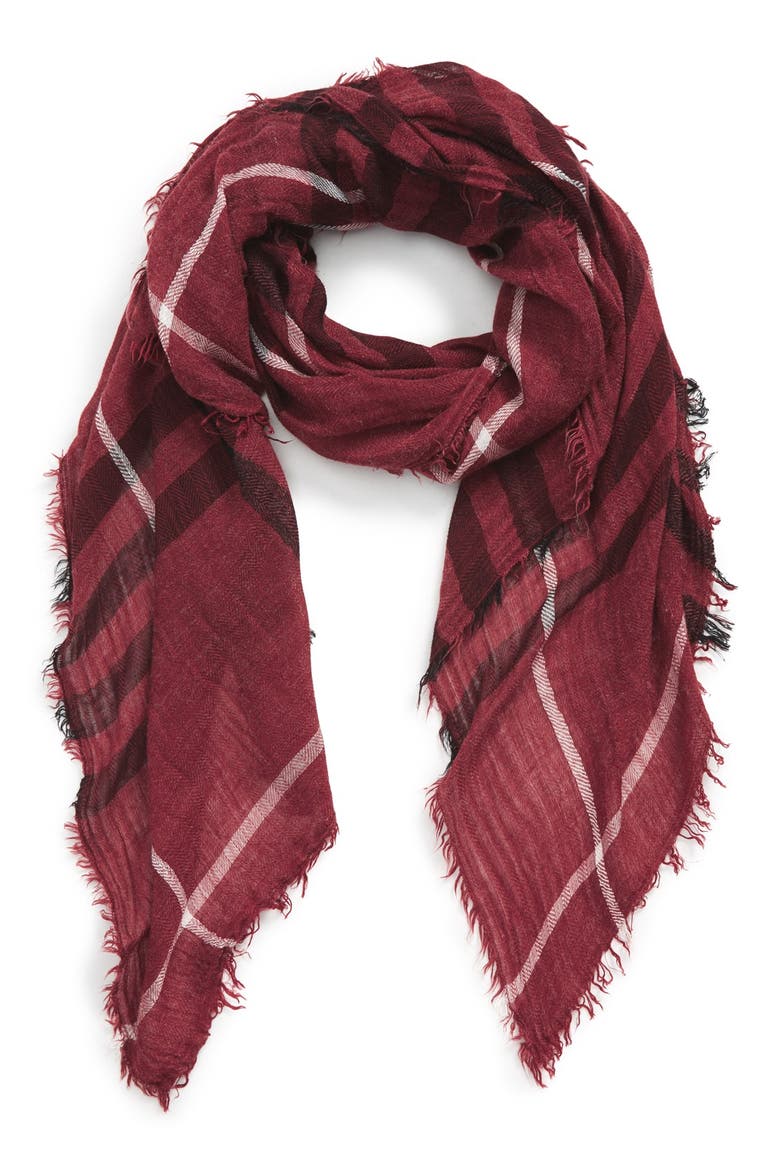 Plaid Oblong Scarf, Main, color, BURGUNDY
