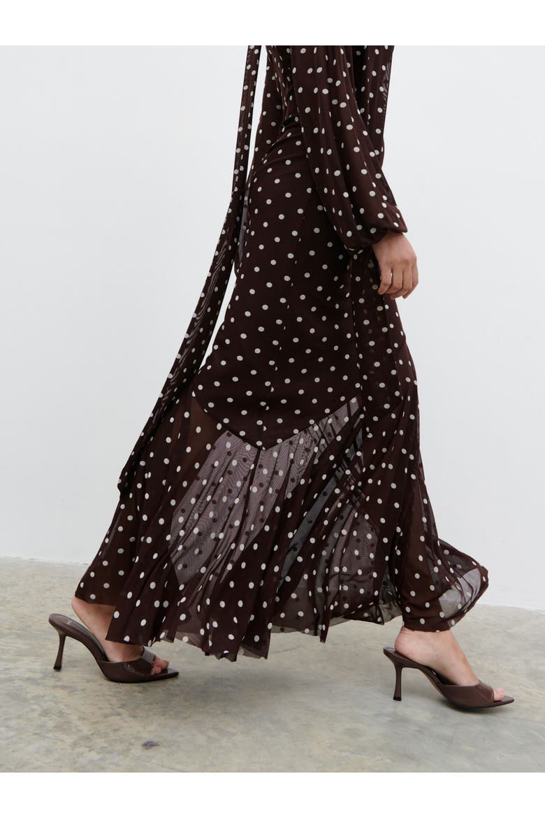 Petula Scarf Mesh Maxi Dress, Alternate, color, Brown And Cream Polkadot