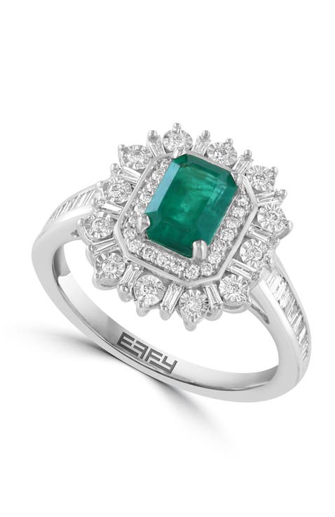 14K White Gold Emerald Crown Diamond Ring