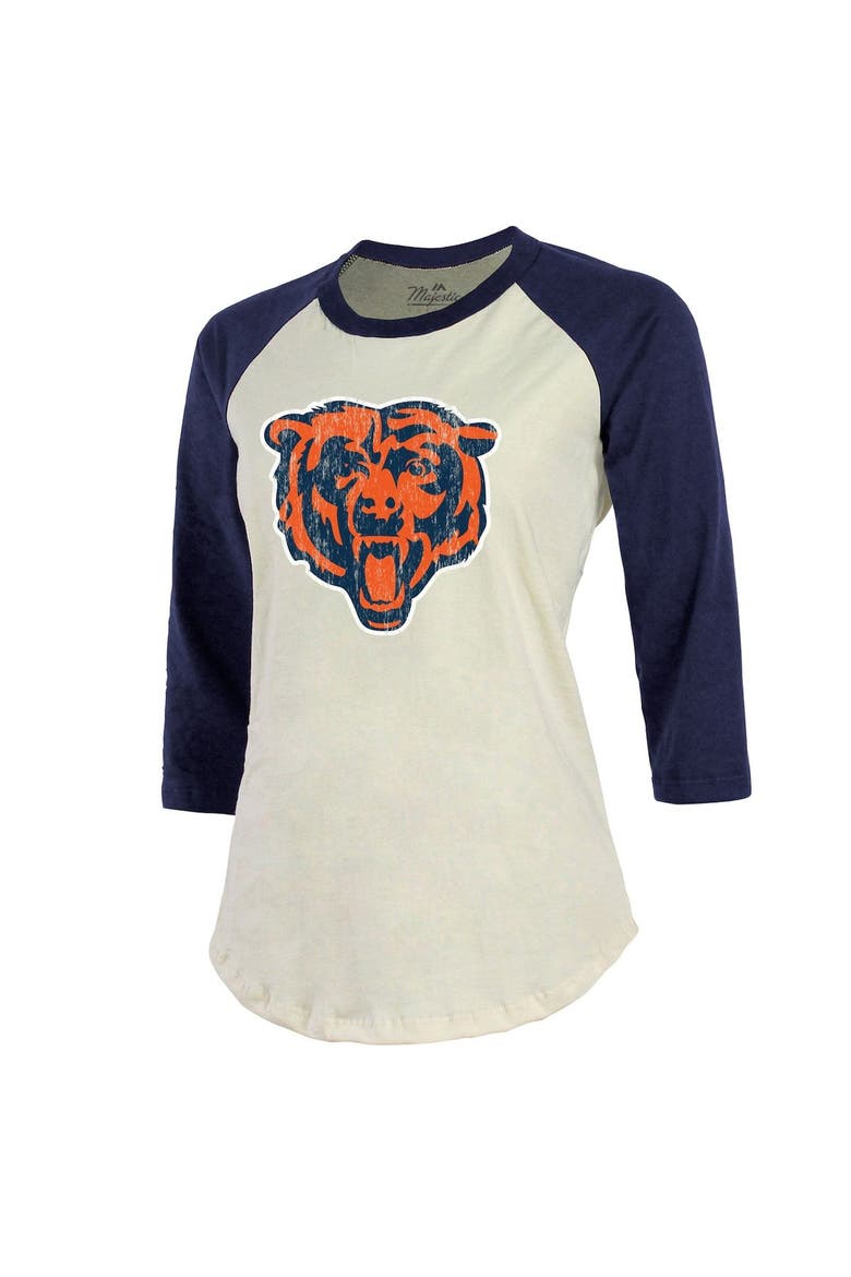 Women's Majestic Threads Justin Fields Cream/Navy Chicago Bears Player Raglan Name & Number Fitted 3/4-Sleeve T-Shirt, Alternate, color, Cream