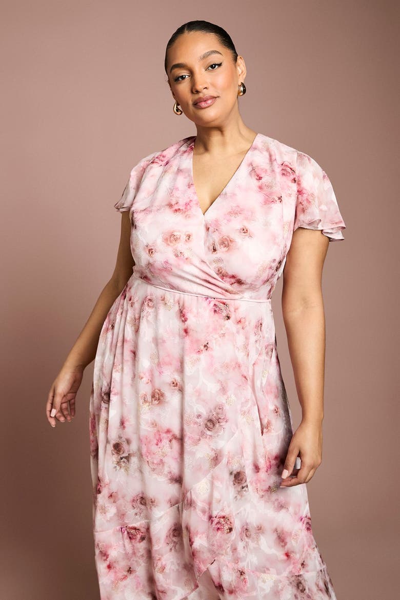 plus satin midi dress Plus Size Rose Semi Formal Flared Sleeve Loose Satin Midi Dress