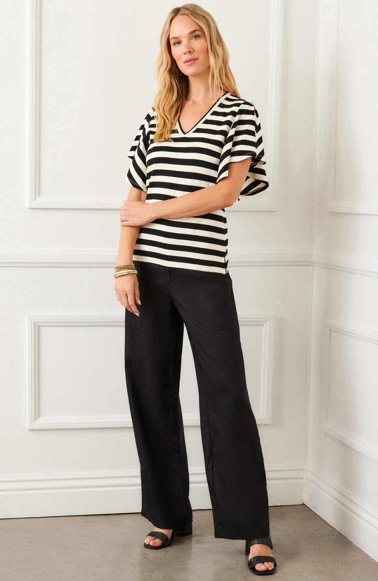 Karen Kane Stripe Flutter Sleeve Stretch Cotton Top, Alternate, color, Black/ Cream
