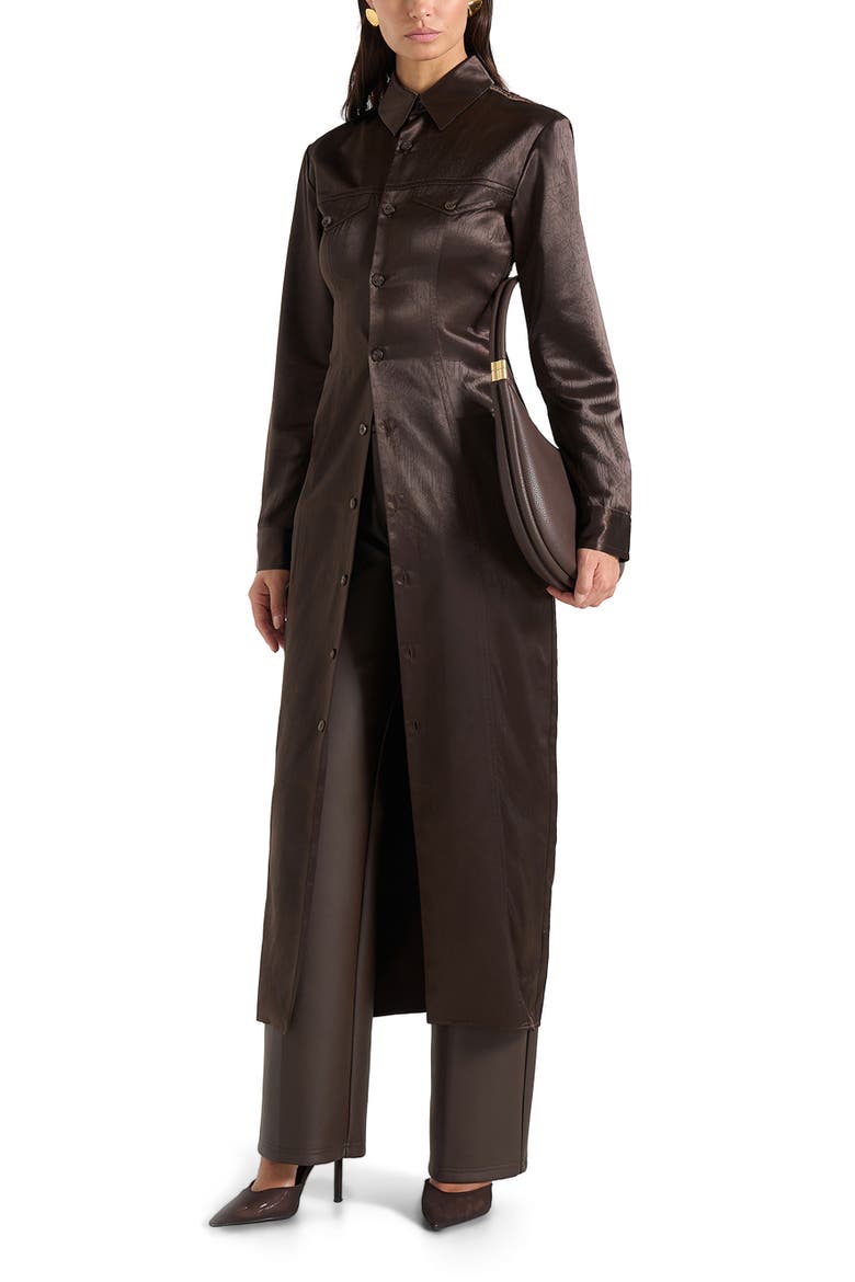 Etta Crinkled Satin Midaxi Shirt Dress, Main, color, Dark Brown