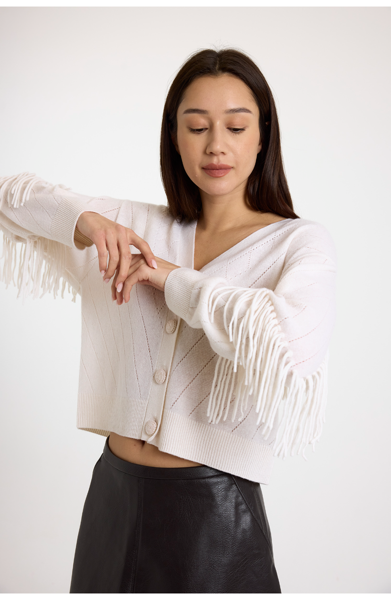 Brodie Pure Cashmere Ashley Fringe 100% Cashmere Cardigan, Alternate, color, Organic White
