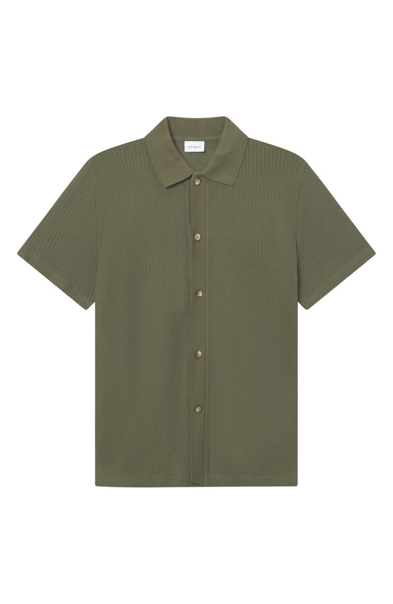 Les Deux Axel Pointelle Short Sleeve Organic Cotton Button-Up Shirt, Alternate, color, Olive Night
