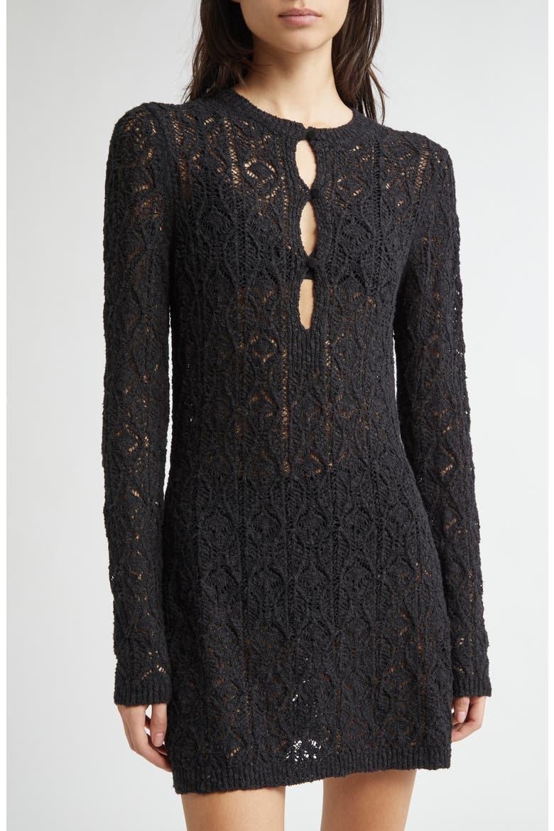 Evan Lace Stitch Long Sleeve Sweater Minidress, Alternate, color, BLACK