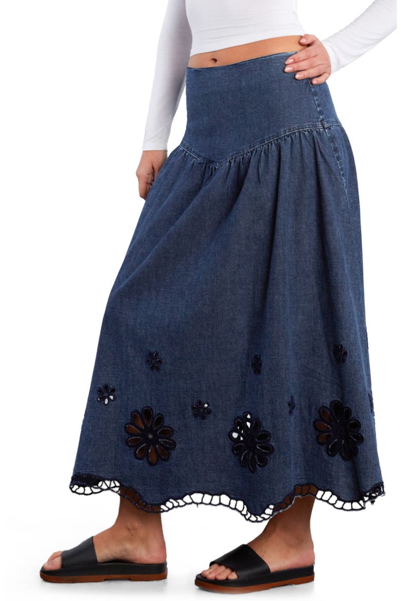 Camellia Floral Cutout Denim Maxi Skirt, Alternate, color, PETAL DENIM