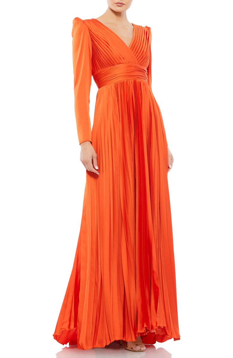 Mac Duggal Faux Wrap Long Sleeve Pleated Satin Gown, Main, color, Sunset