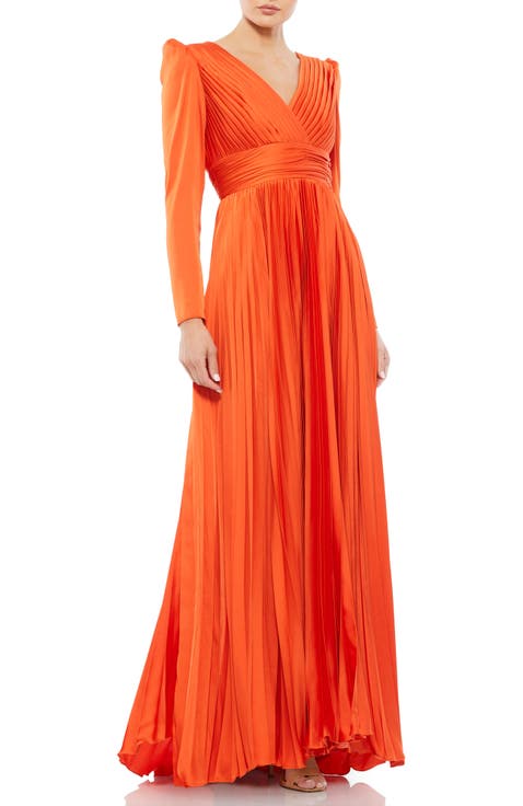 Faux Wrap Long Sleeve Pleated Satin Gown