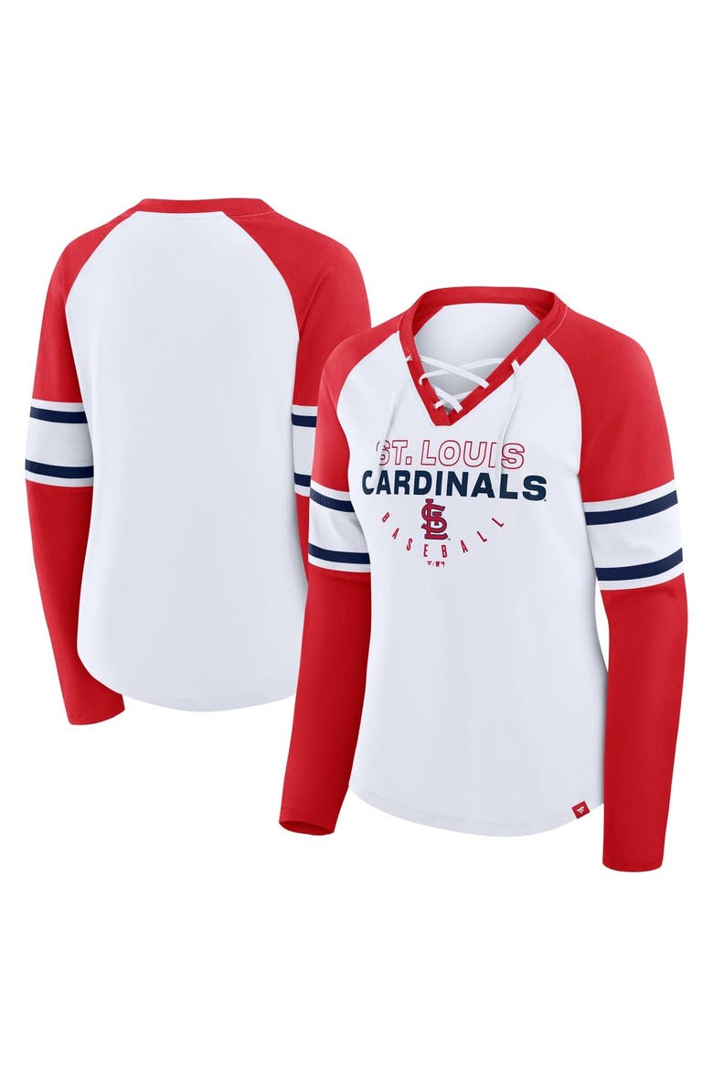Women's Fanatics White/Red St. Louis Cardinals Blitz Package Raglan Lace-Up V-Neck Long Sleeve T-Shirt, Main, color, White