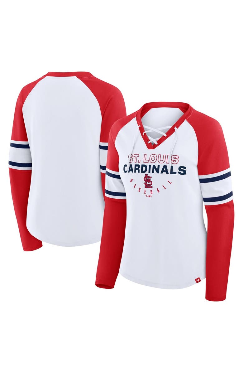 FANATICS Women's Fanatics White/Red St. Louis Cardinals Blitz Package Raglan Lace-Up V-Neck Long Sleeve T-Shirt, Main, color, White