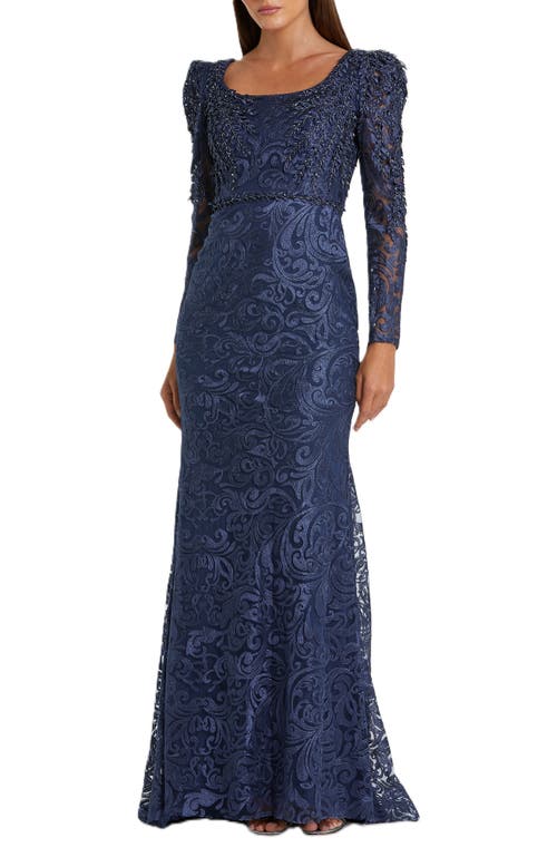 Mac Duggal Embroidered Applique Shoulder Detail Trumpet Gown In Midnight