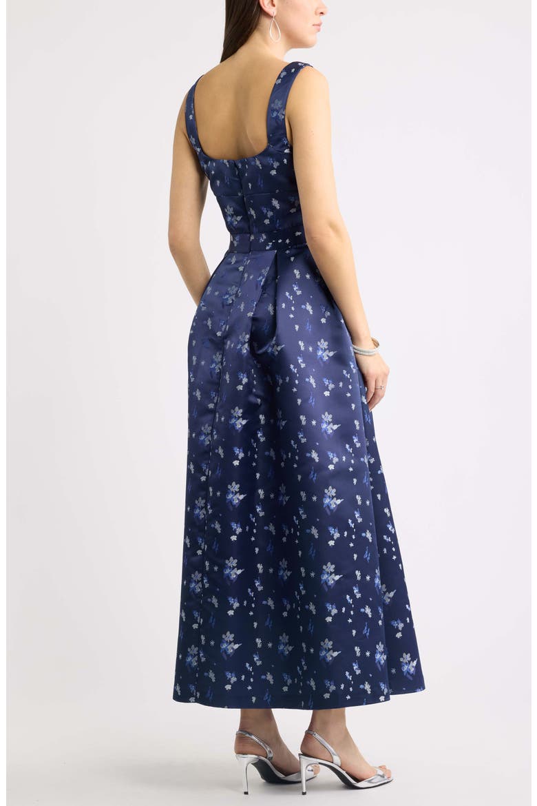 Pleated Seamed Bodice Jacquard Maxi Cocktail Dress, Alternate, color, NAVY BROCADE