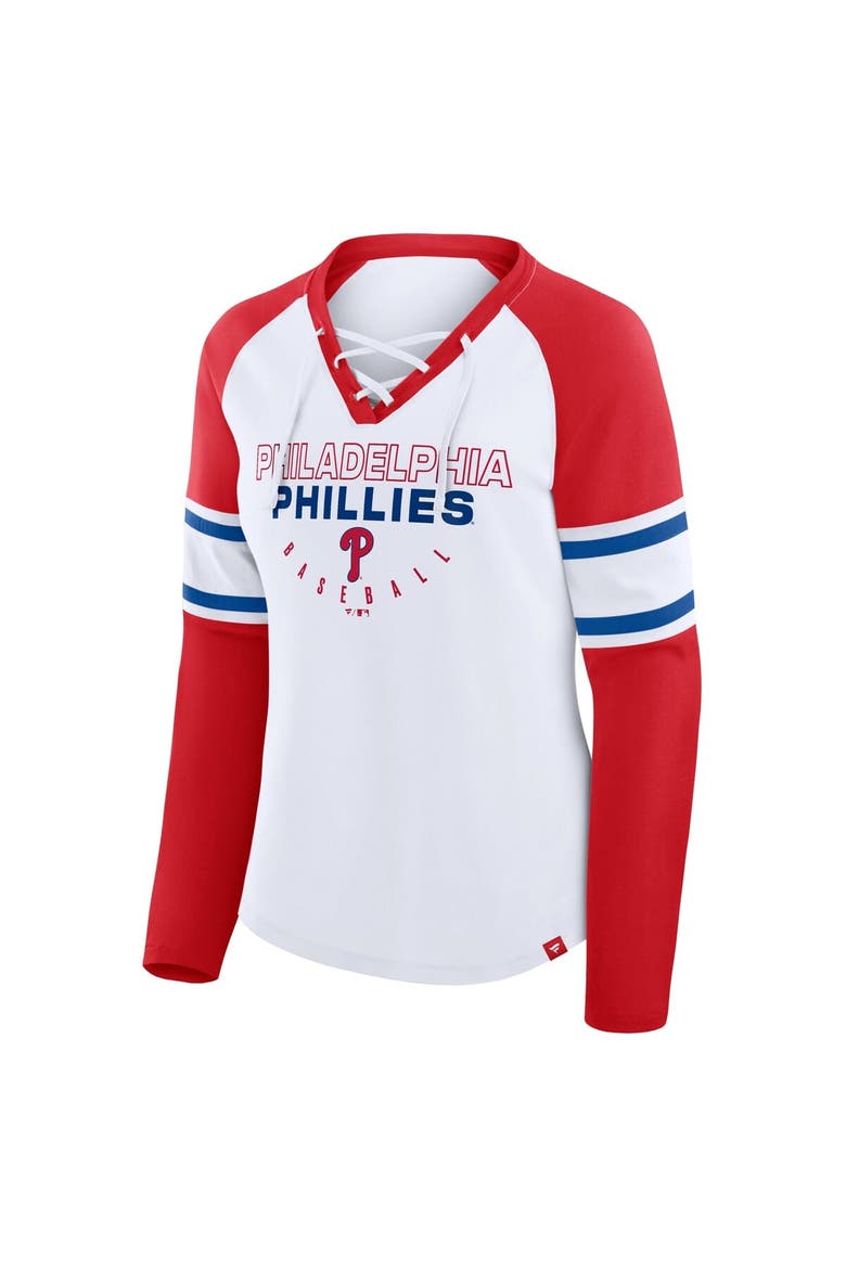 Women's Fanatics White/Red Philadelphia Phillies Blitz Package Raglan Lace-Up V-Neck Long Sleeve T-Shirt, Alternate, color, White