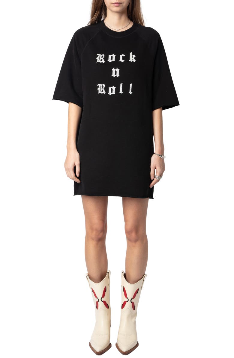 Zadig & Voltaire Grace Stud Detail Rock and Roll Graphic T-Shirt Dress, Main, color, 