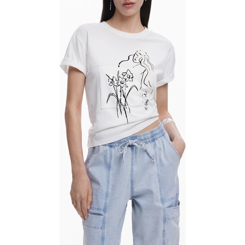 Desigual Embellished Cotton Graphic T-shirt In White