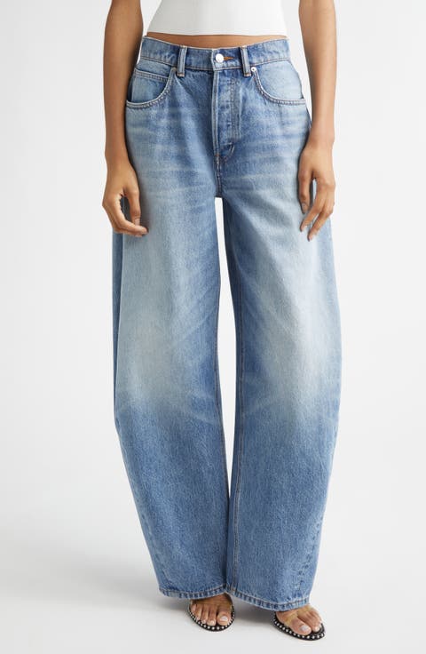 Distressed Logo Blow Up Barrel Leg Jeans (Authentic Light Indigo)