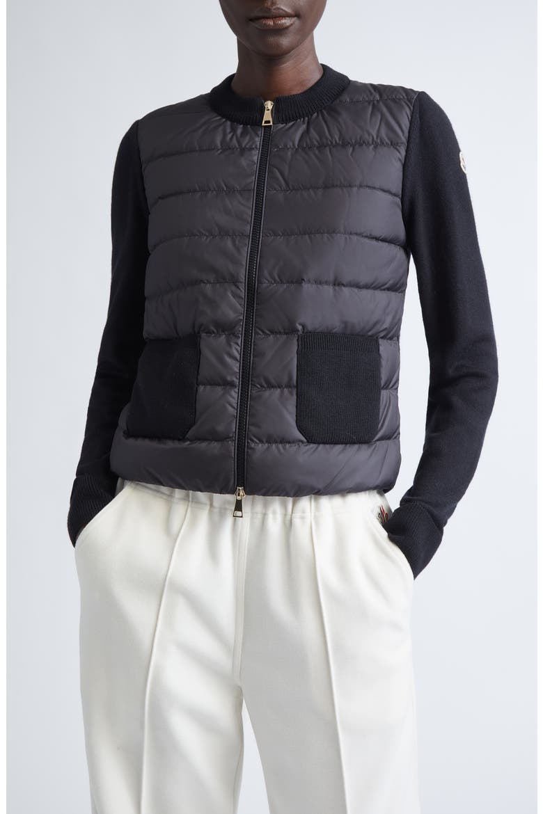 Virgin Wool Knit & Quilted Down Cardigan, Main, color, BLACK