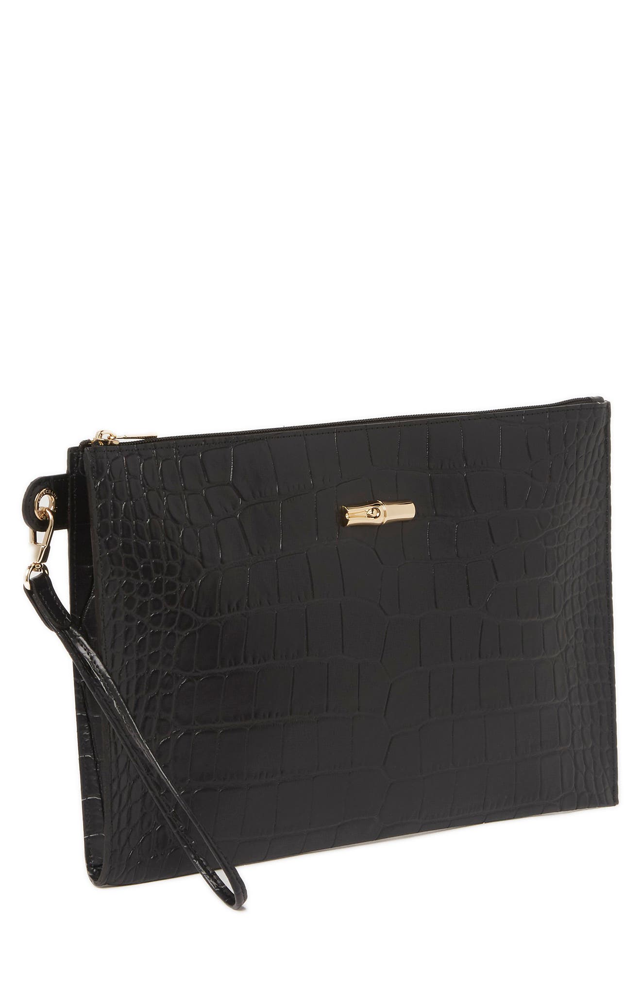 Croc Embossed Leather Wristlet, Alternate, color, BLACK
