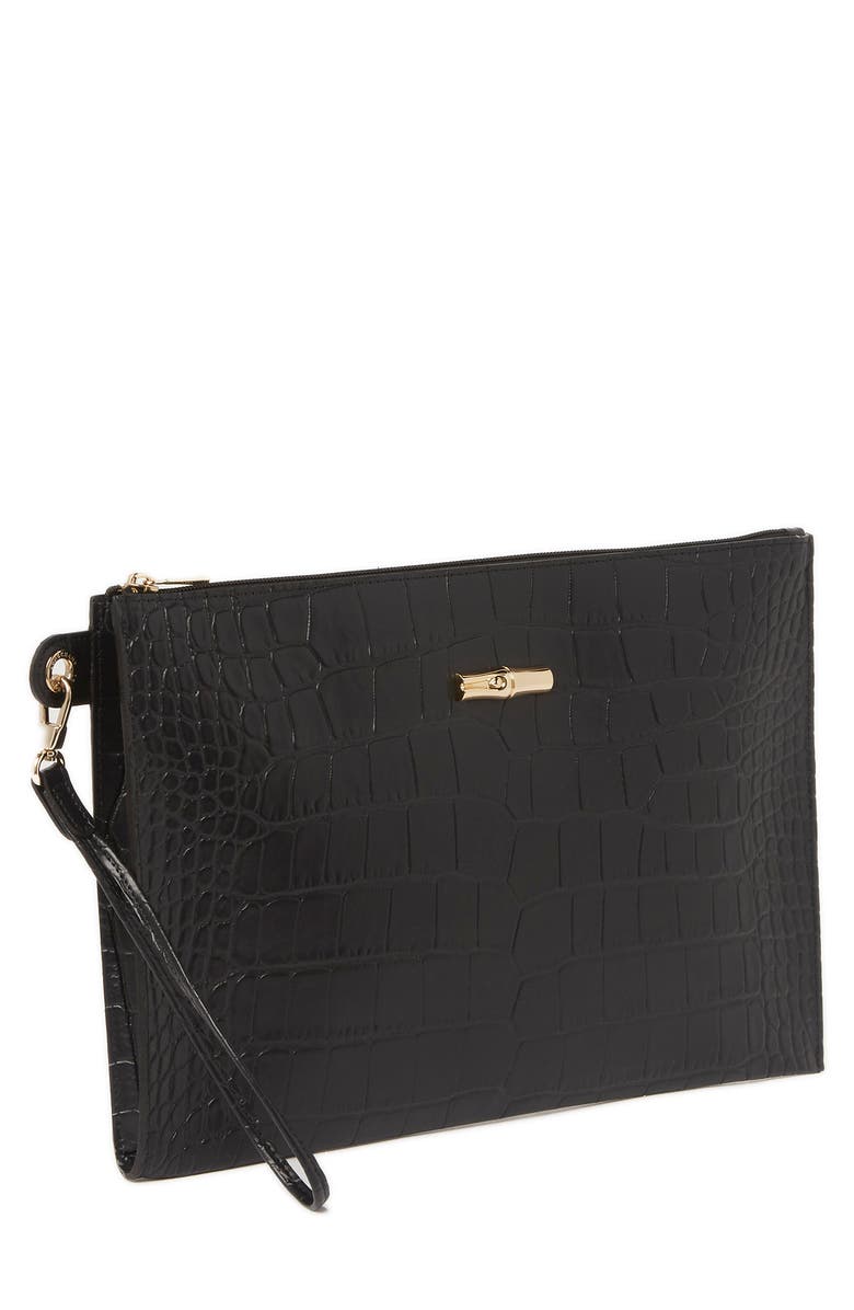 Longchamp Croc Embossed Leather Wristlet, Alternate, color, Black