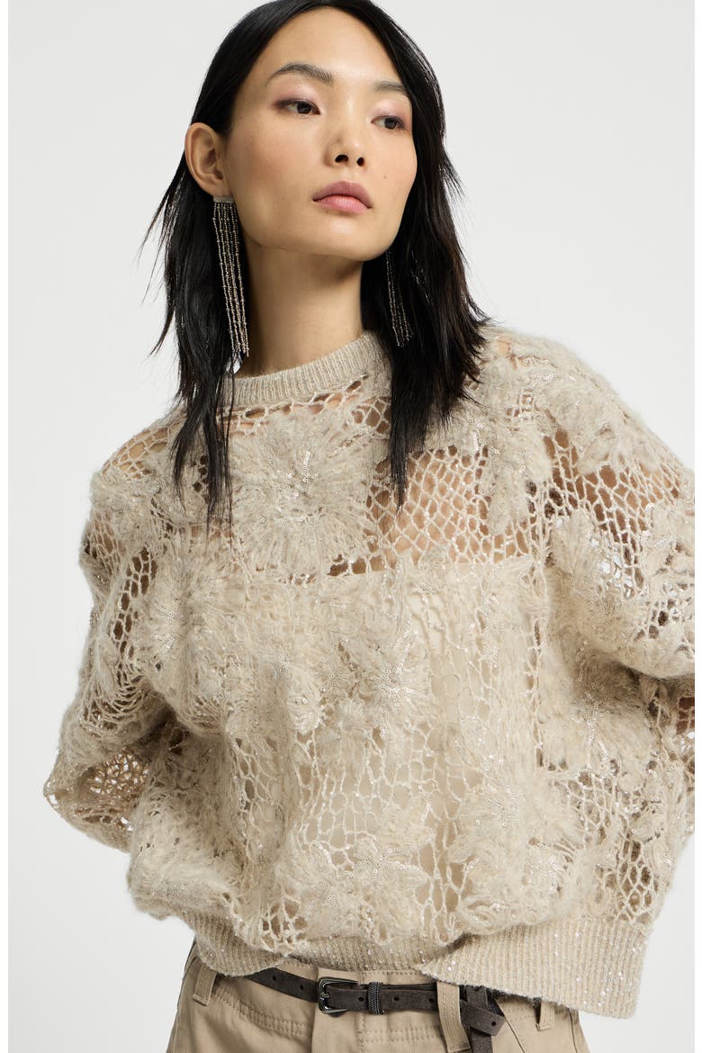 Whispering bloom embroidery sweater in sparkling mohair and wool, Alternate, color, Sand