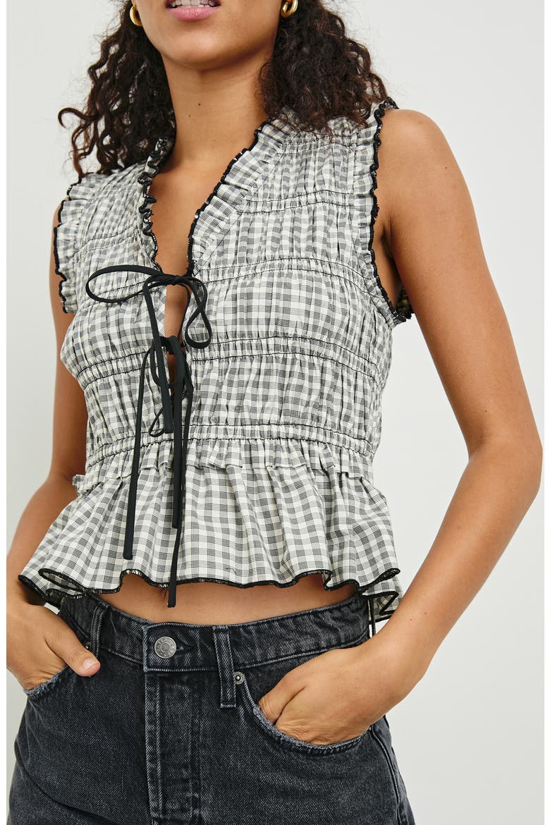Martine Gingham Smocked Ruffle Crop Top, Alternate, color, IVORY JET GINGHAM