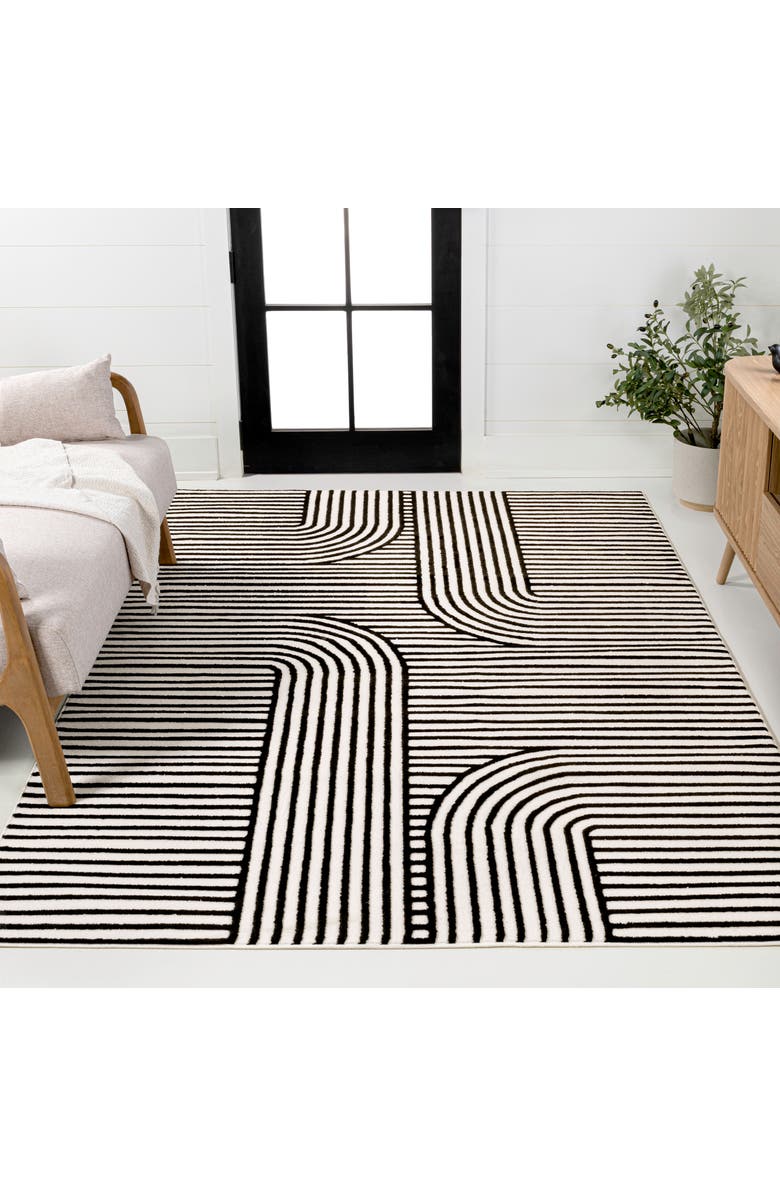 JONATHAN Y Anders High-Low MidCentury Modern Arch Stripe Two-Tone Indoor/Outdoor Area Rug, Alternate, color, Black/White