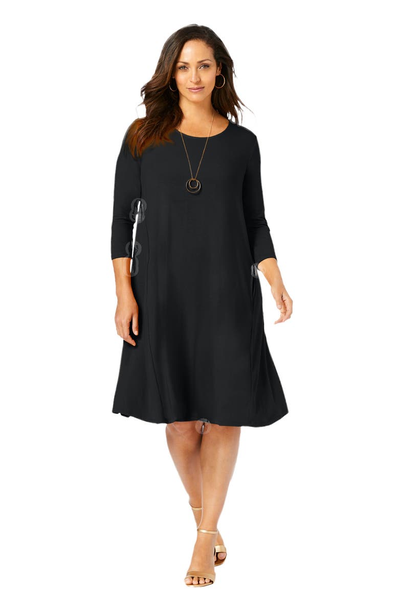 Jessica London Stretch Knit Three-Quarter Sleeve T-shirt Dress, Main, color, Black