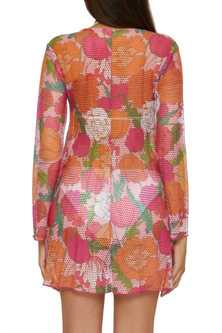 Tie Front Long Sleeve Sheer Mesh Cover-Up, Alternate, color, PETAL MOSA