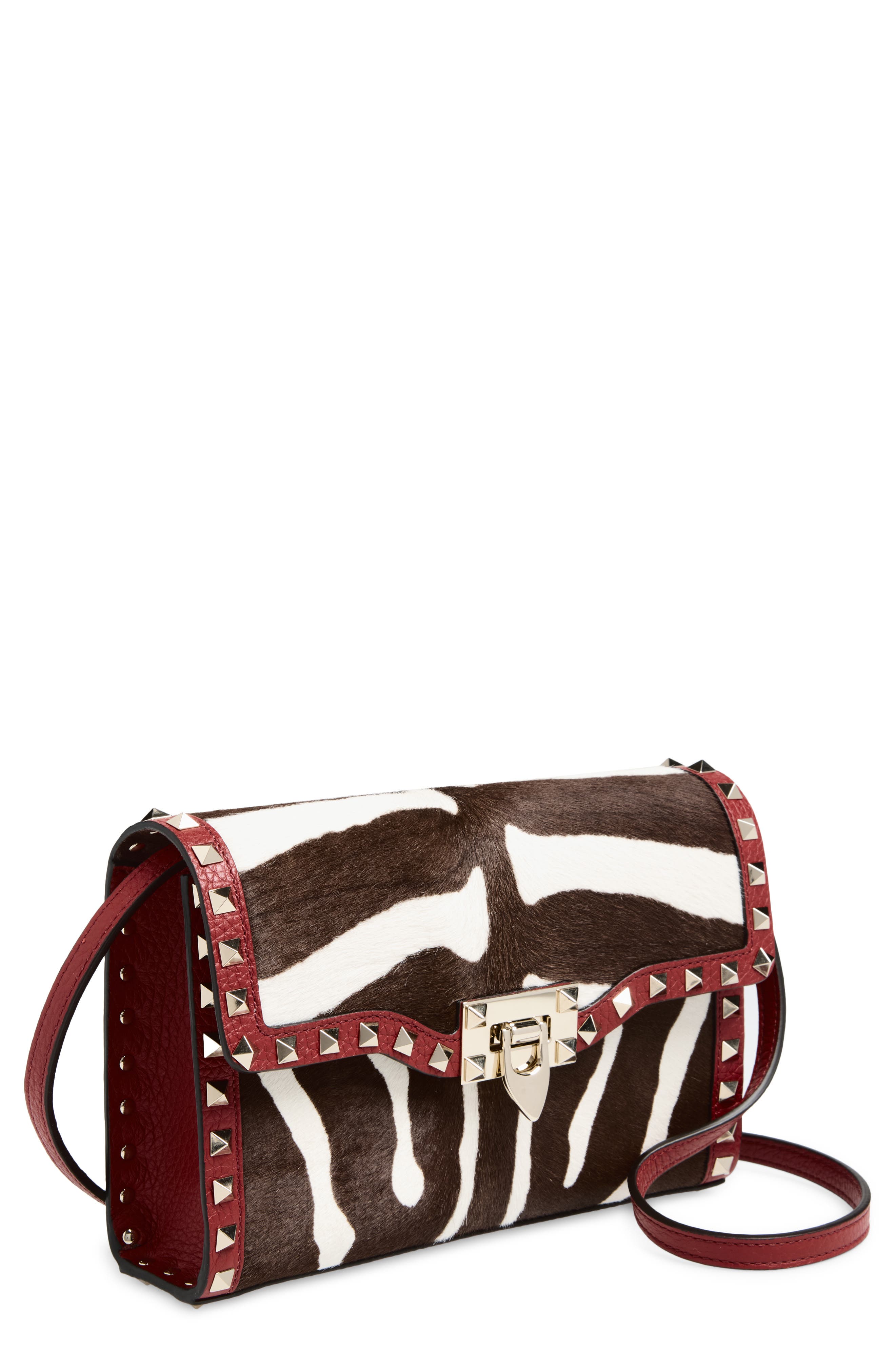 Valentino Garavani Small Rockstud Genuine Calf Hair & Leather Shoulder Bag, Main, color, Red
