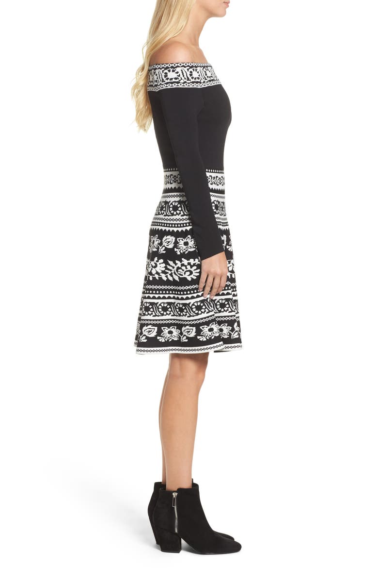 Pattern Off the Shoulder A-Line Knit Dress, Alternate, color, BLACK WHITE