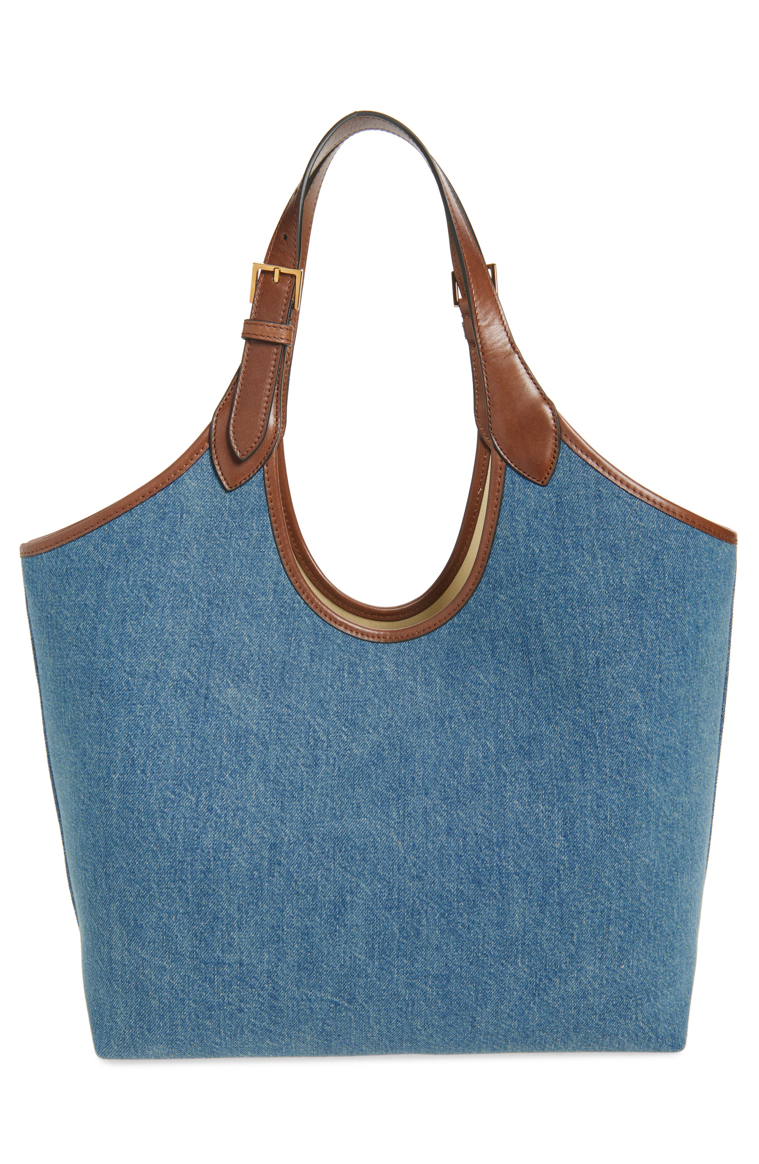 Versace Medium La Medusa Denim Tote, Alternate, color, Denim Brown Gold